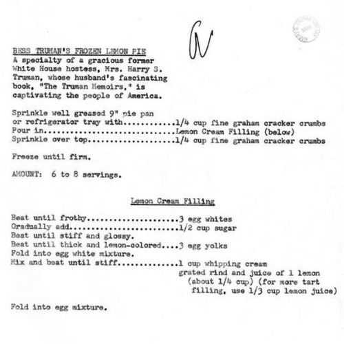 Bess Truman's Frozen Lemon Pie