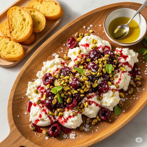 Burrata with Crushed Cherries and Pistachios