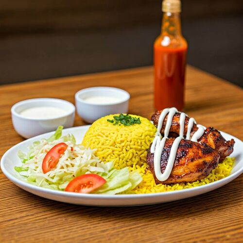 Halal Cart-Style Chicken and Rice With White Sauce
