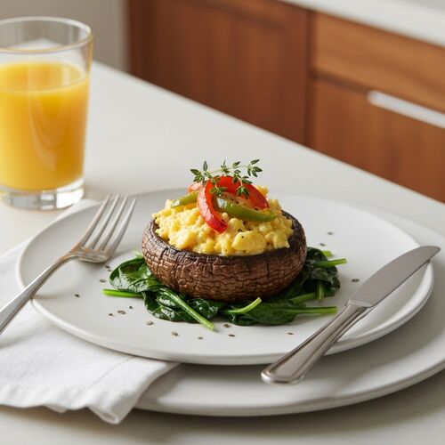 Portobello Mushrooms With Scrambled Eggs, Spinach And Roasted Bell Peppers