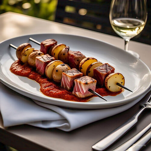 Tuna & Potato Kebabs With Basque Tomato Sauce