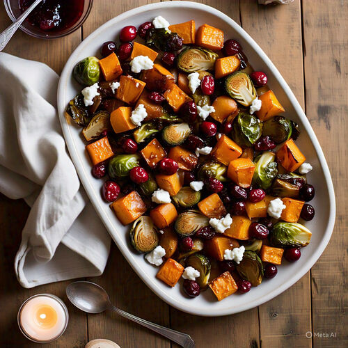 Cranberry-Glazed Roasted Butternut Squash, Brussels Sprouts, and Sweet Potatoes